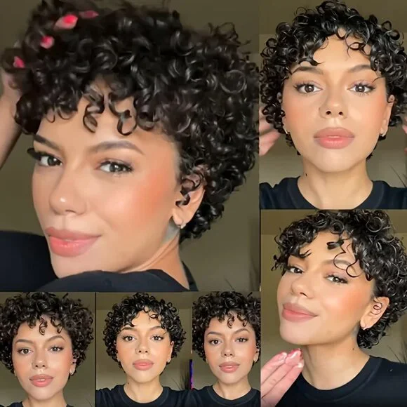Short Curly Pixie Cut Wigs with Bangs Human Hair for Black Women Non Lace Full M